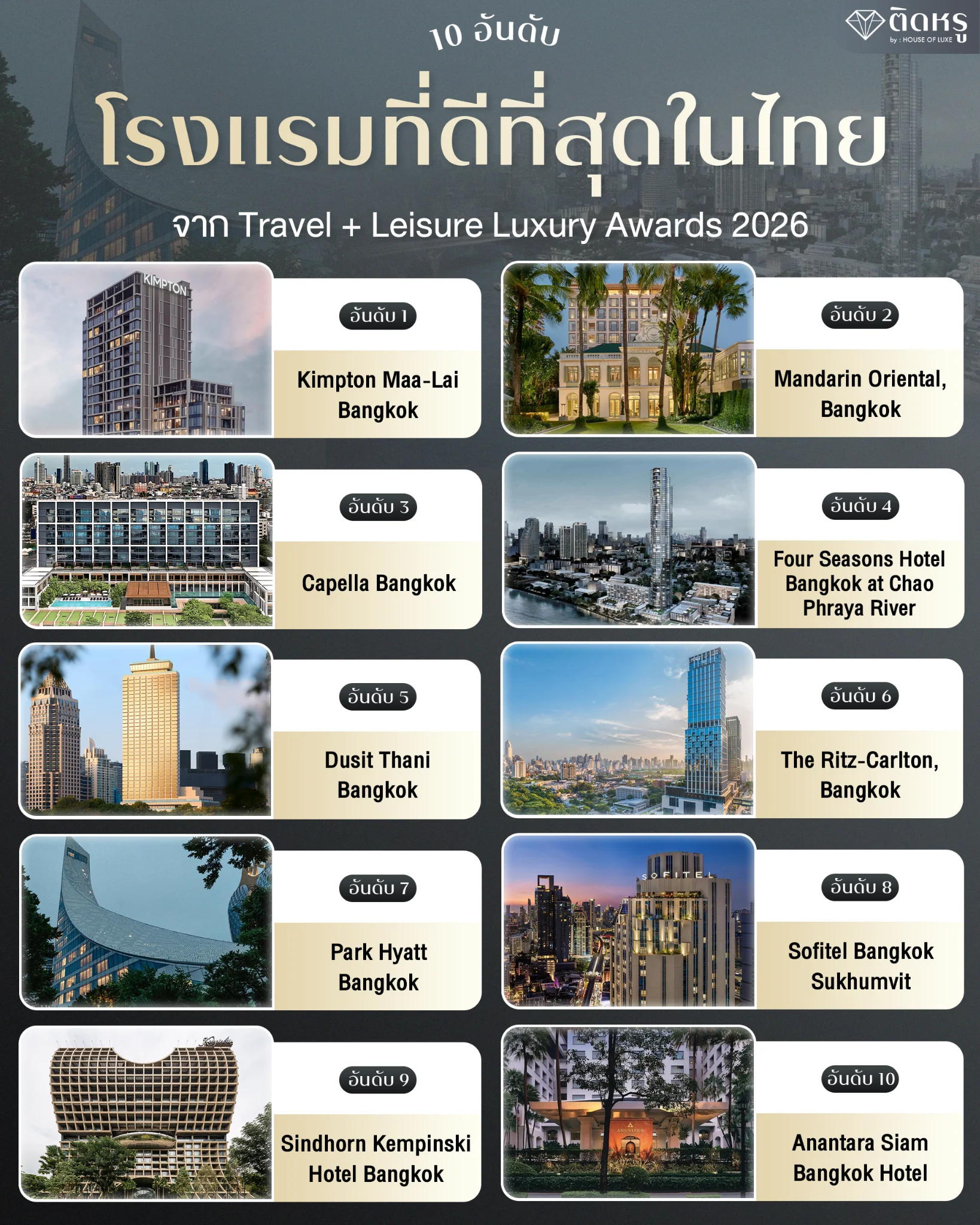 10 โรงแรมที่ดีที่สุดในประเทศไทย