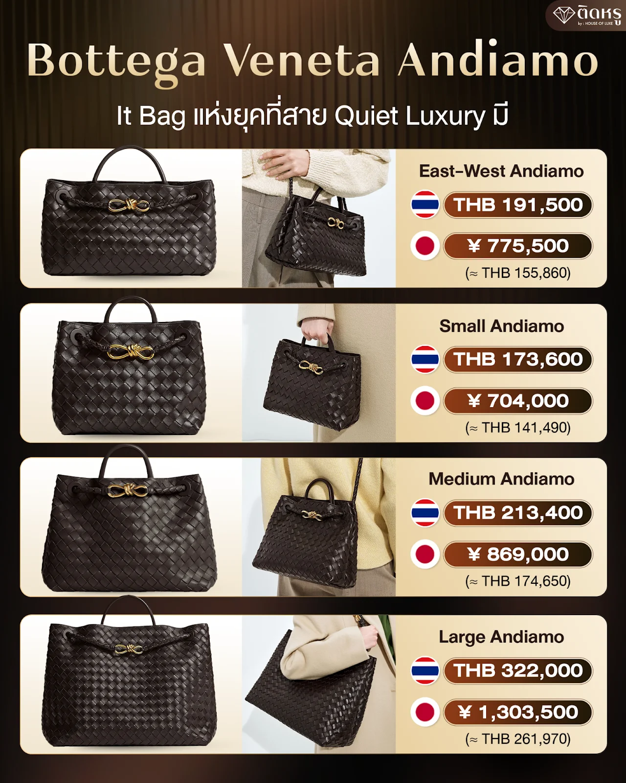 Price comparison chart for Bottega Veneta Andiamo sizes in 2026