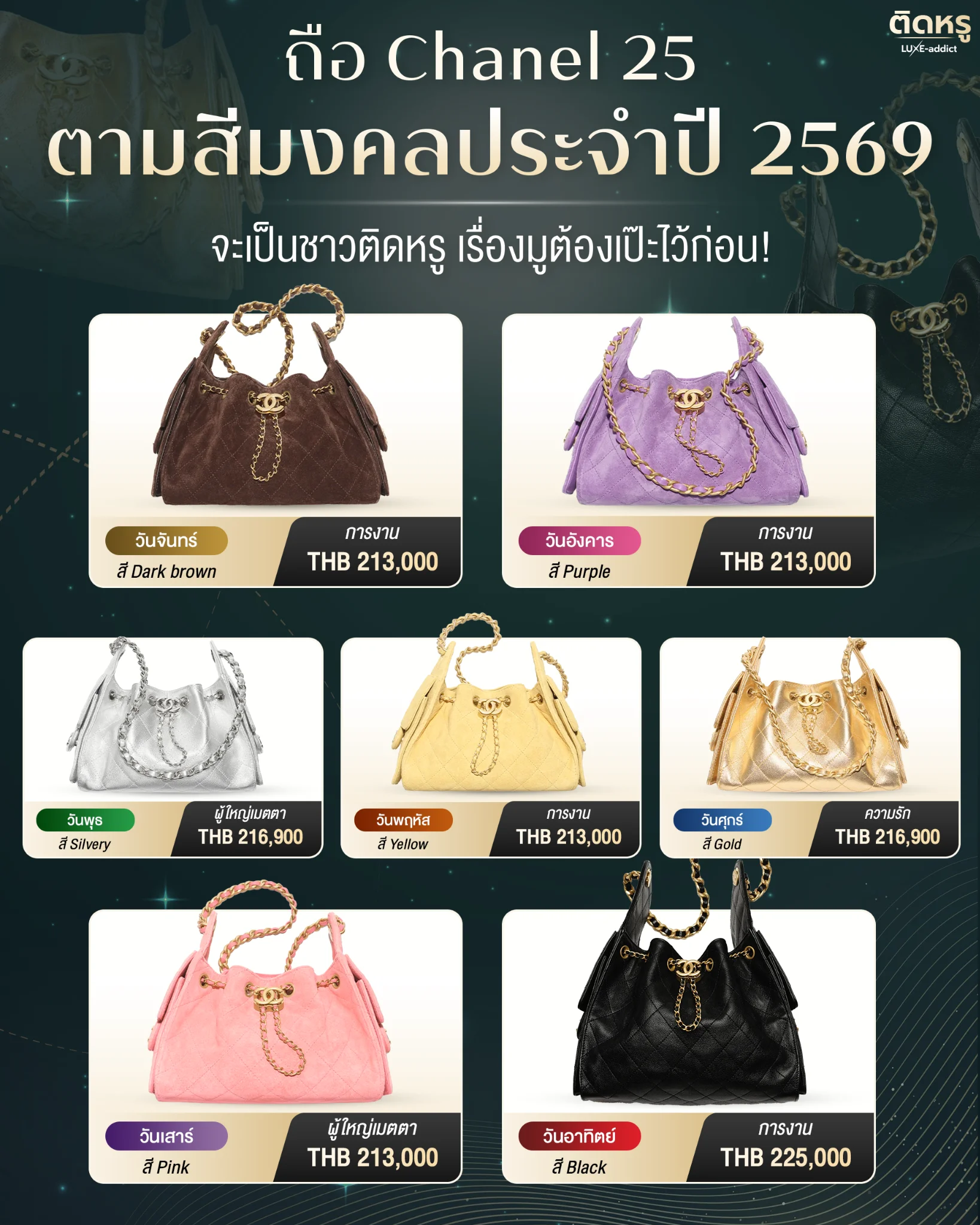 CHANEL 25 Lucky Colors chart for 2026, showing 7 colors for 7 days to boost career and love fortune.