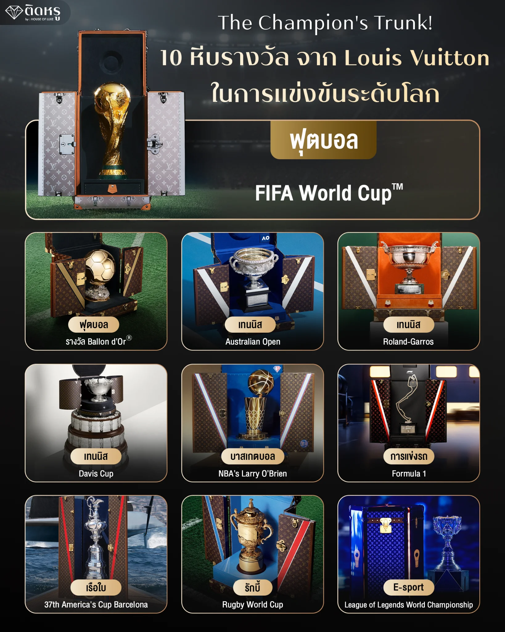 Elegant display of Louis Vuitton trophy trunks luxury cases created for elite international tournaments