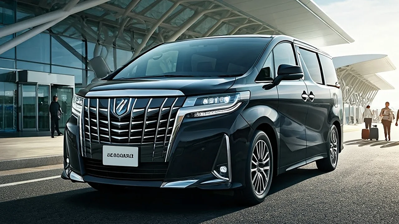 Luxury van in black waiting at airport terminal