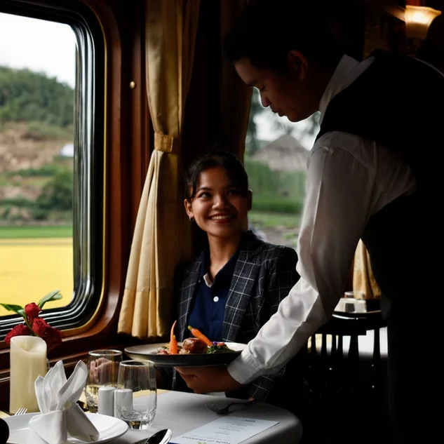 The Blue Jasmine Train, highlighting its classic luxury design.